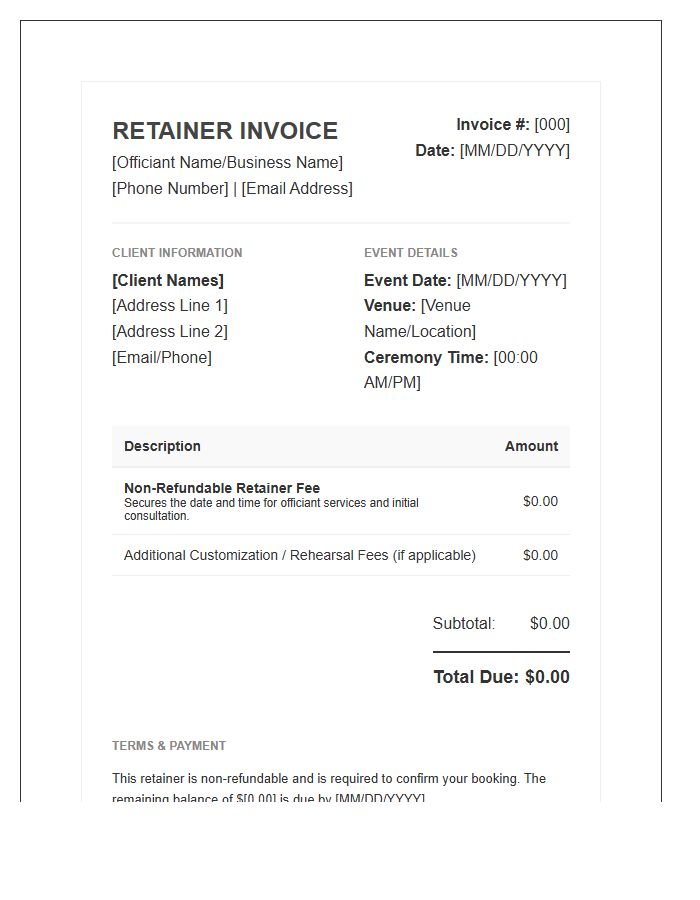 Professional Officiant Retainer Invoice Template