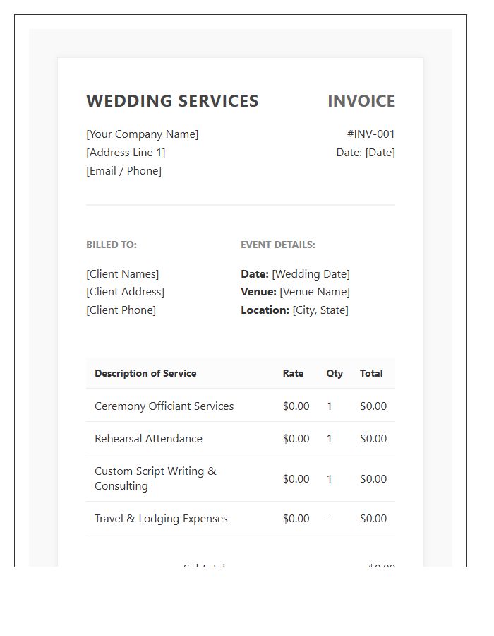 Professional Wedding Ceremony Invoice Template