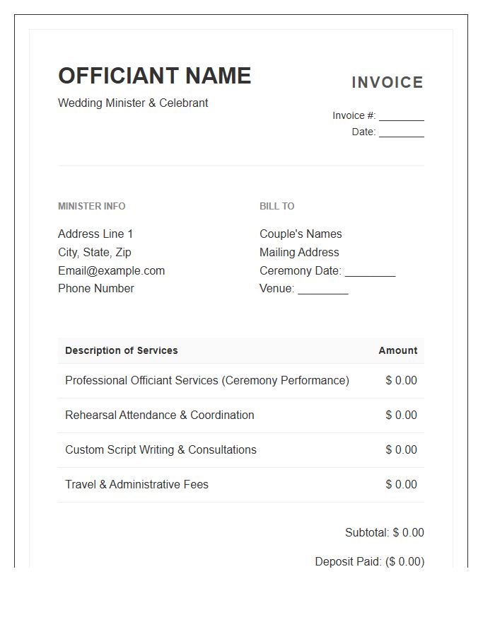 Professional Wedding Minister Invoice Template
