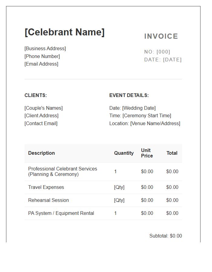 Wedding Celebrant Performance Invoice Template