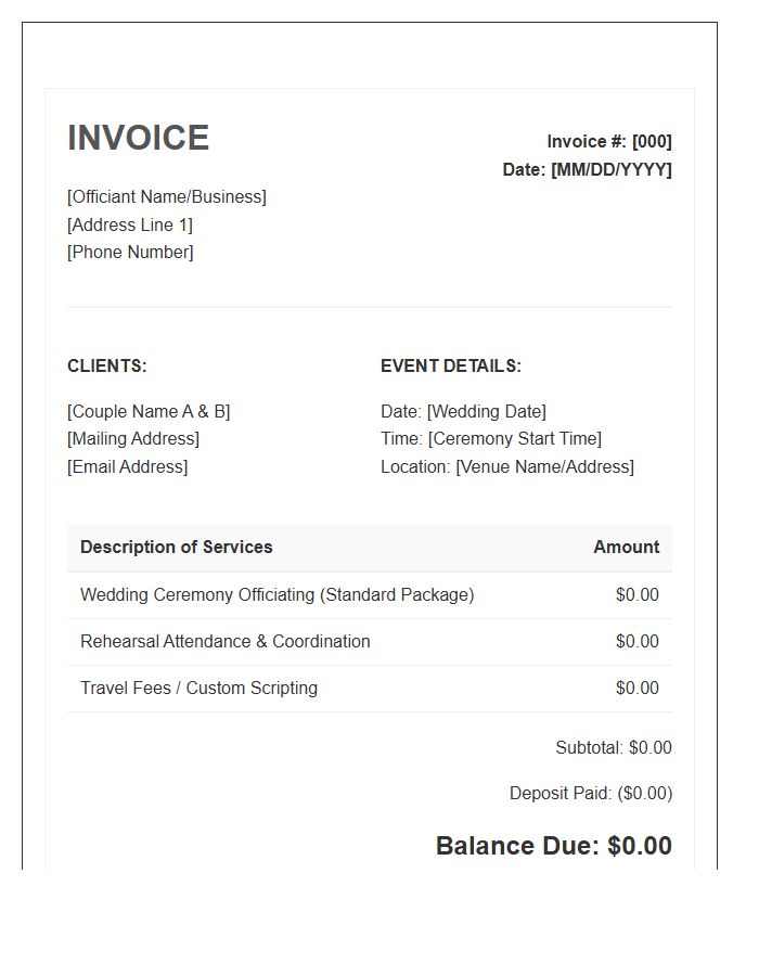 Wedding Officiant Booking Invoice Template