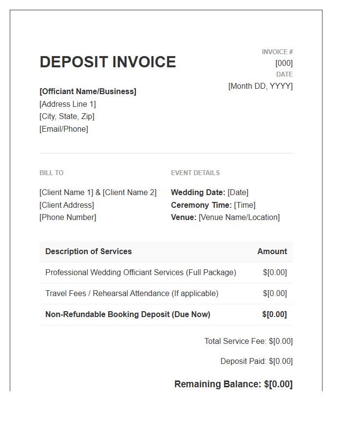 Wedding Officiant Deposit Invoice Template