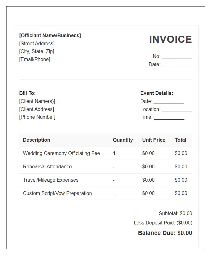 Wedding Officiant Fee Invoice Template