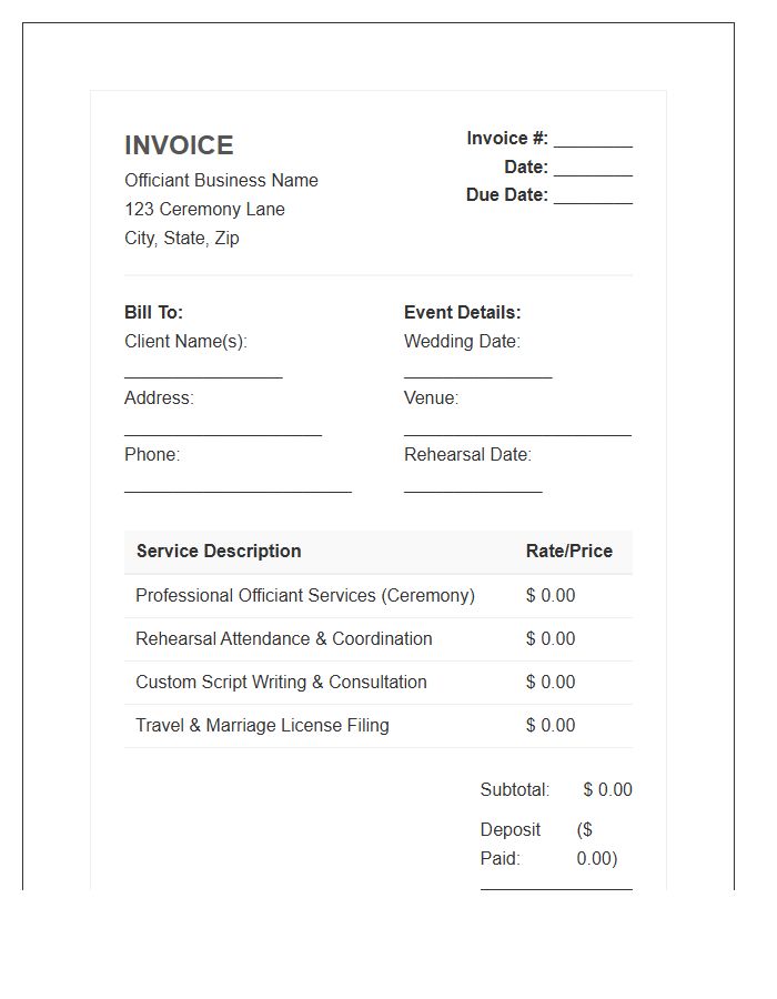 Wedding Officiant Professional Invoice Template