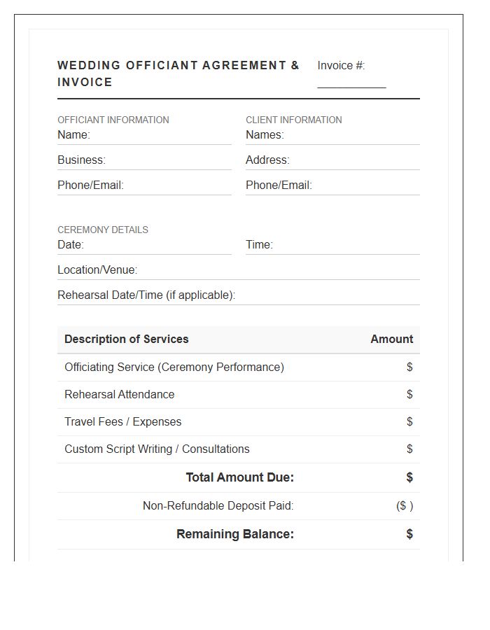 Wedding Officiant Service Agreement Invoice Template