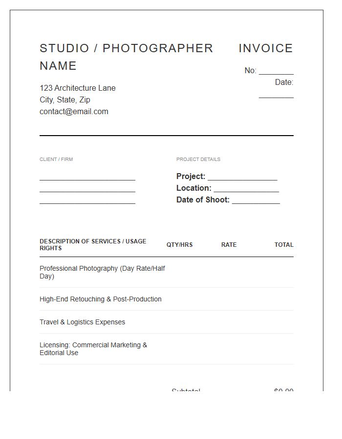 Architectural Photography Session Invoice Template