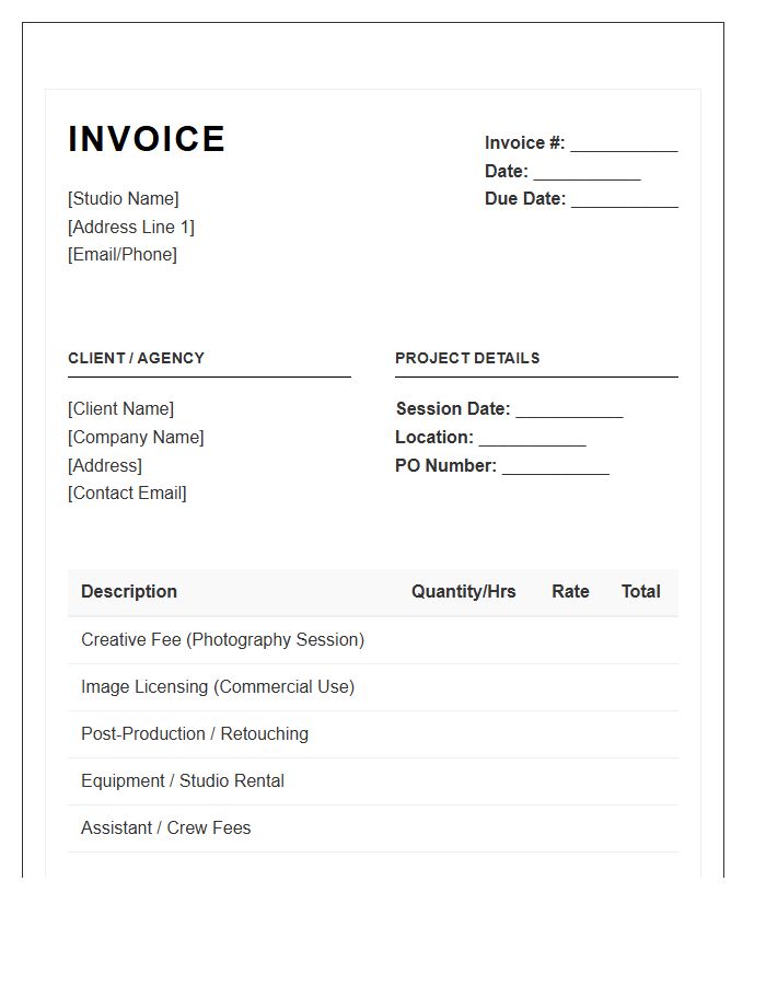 Commercial Photography Session Billing Invoice Template