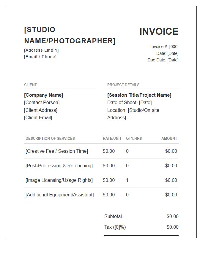 Corporate Photography Session Service Invoice Template