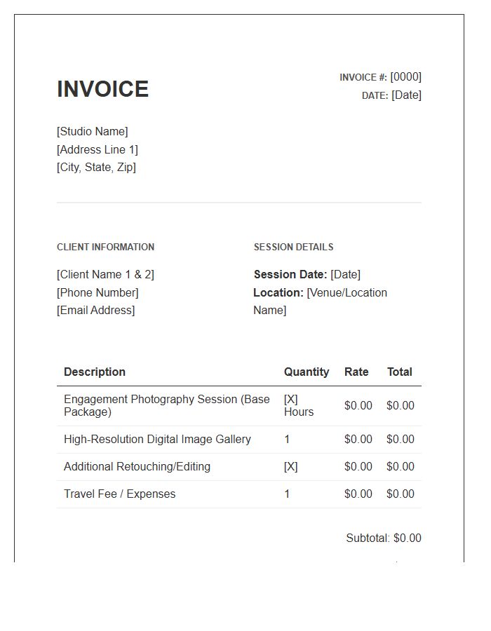 Engagement Photography Session Service Invoice Template