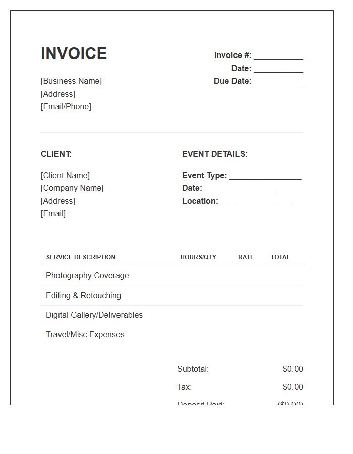 Event Photography Session Service Invoice Template
