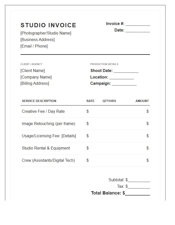 Fashion Photography Session Service Invoice Template
