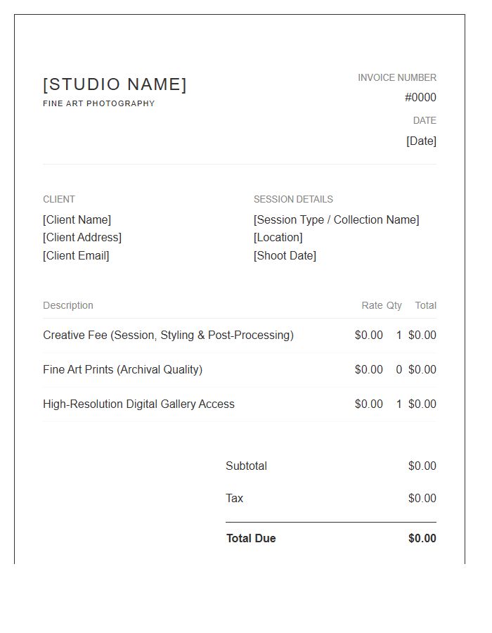 Fine Art Photography Session Invoice Template