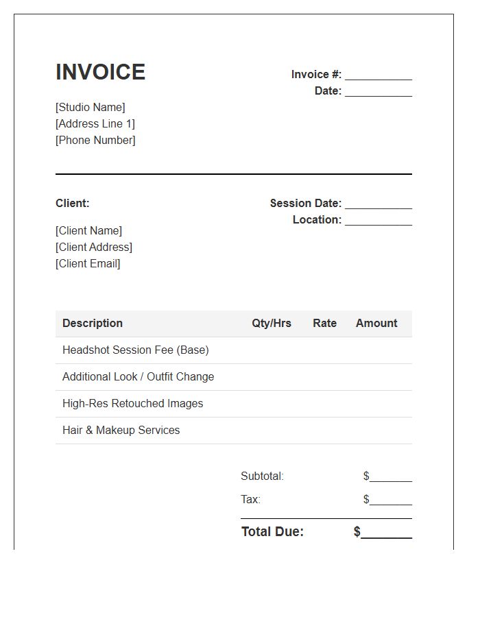 Headshot Photography Session Service Invoice Template