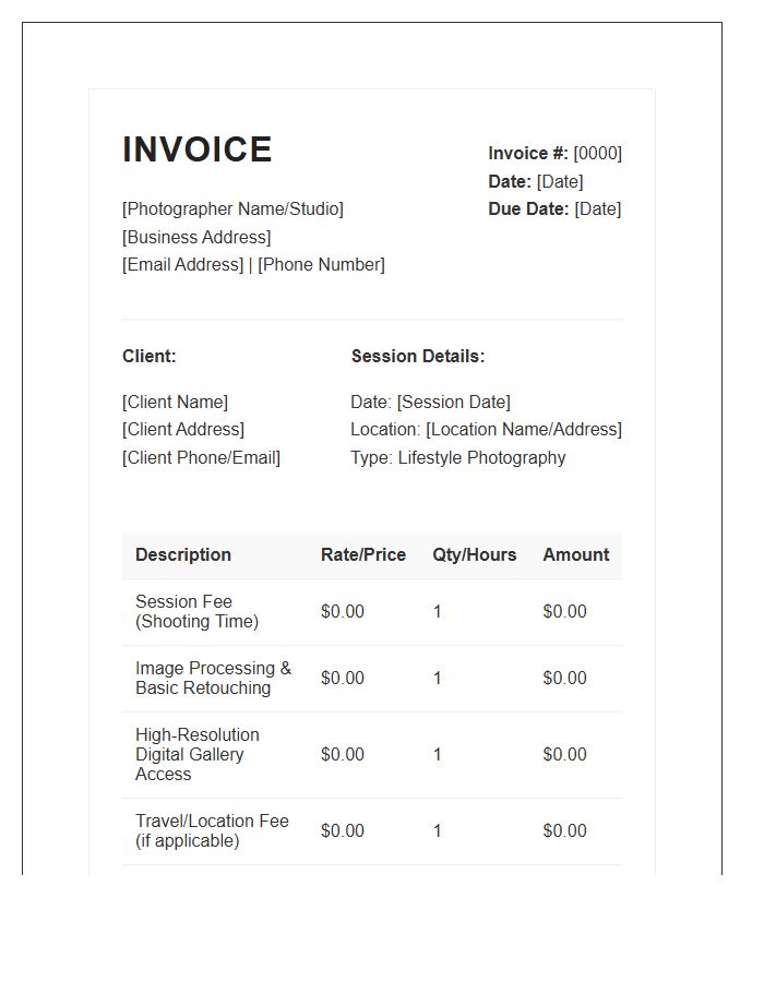Lifestyle Photography Session Service Invoice Template