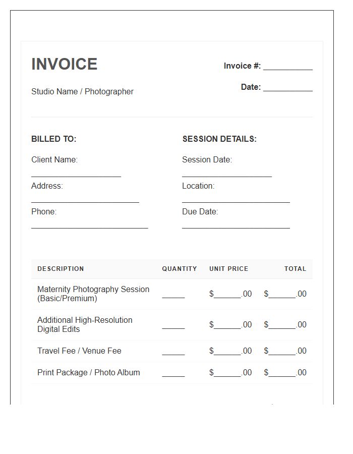 Maternity Photography Session Service Invoice Template
