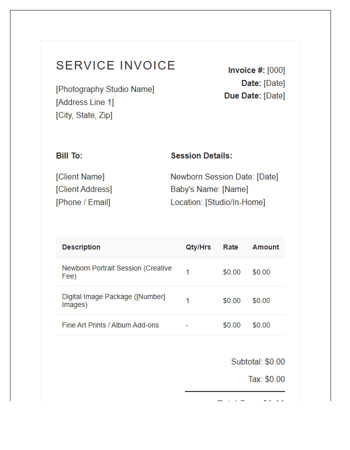 Newborn Photography Session Service Invoice Template