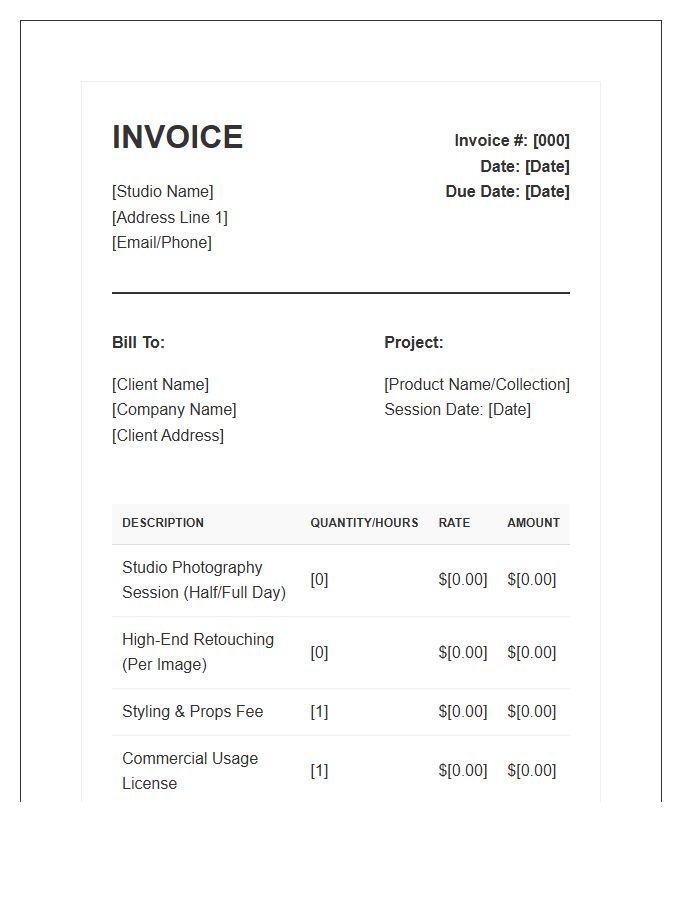 Product Photography Session Service Invoice Template
