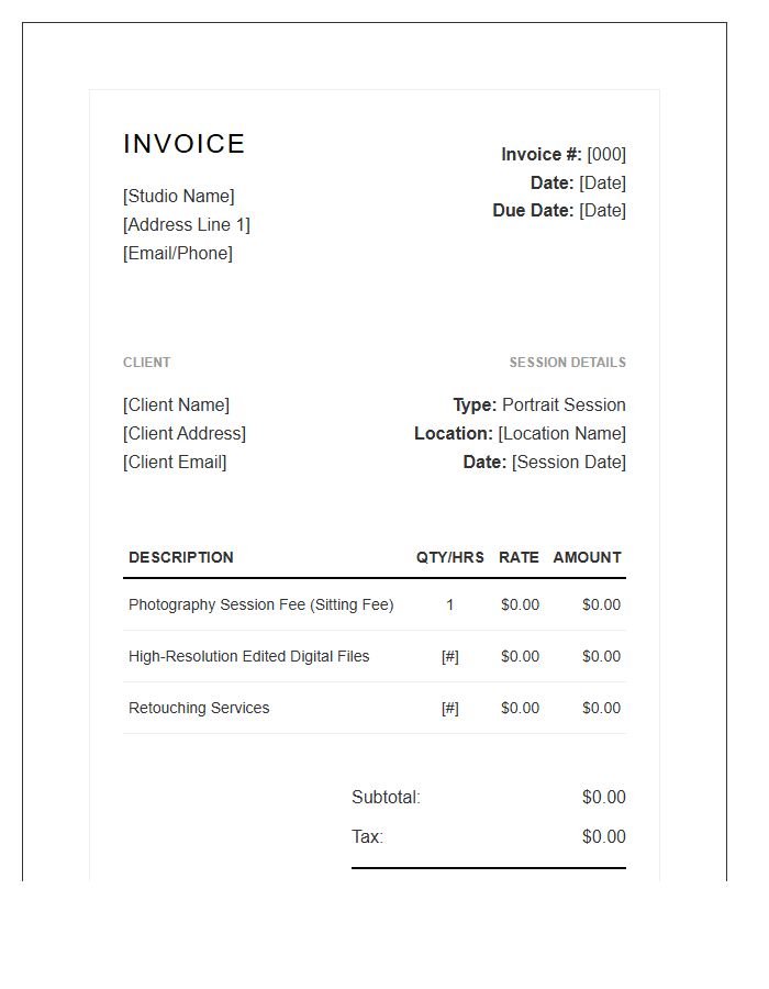 Professional Portrait Photography Session Invoice Template