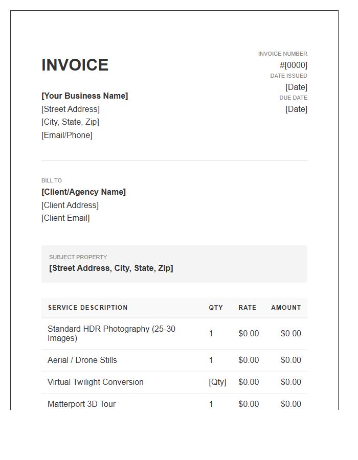 Real Estate Photography Session Invoice Template