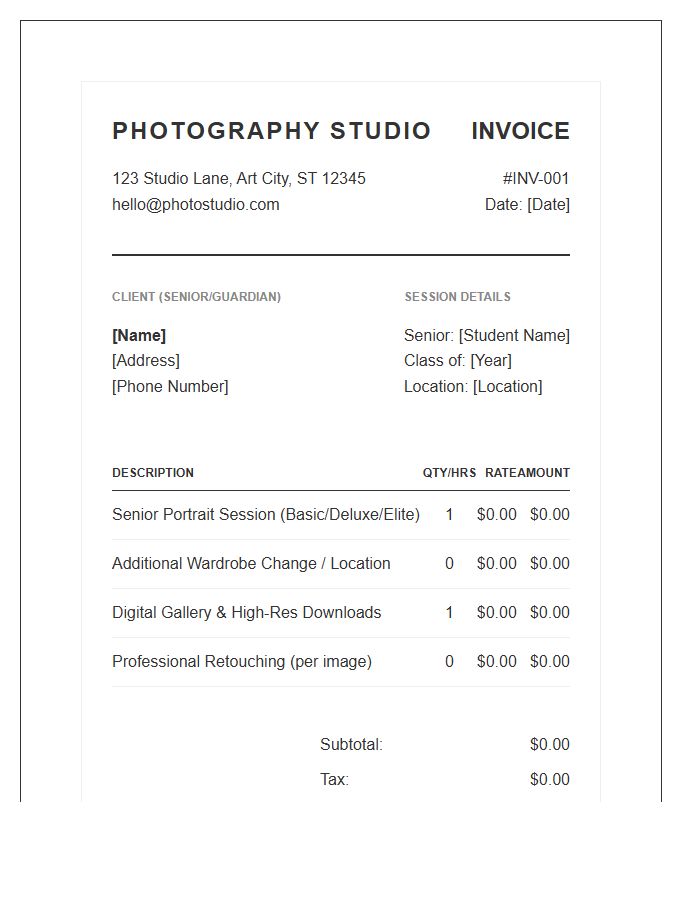 Senior Photography Session Service Invoice Template