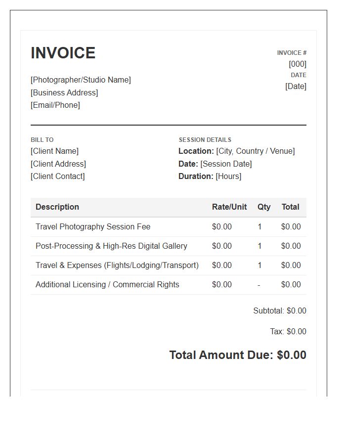 Travel Photography Session Service Invoice Template