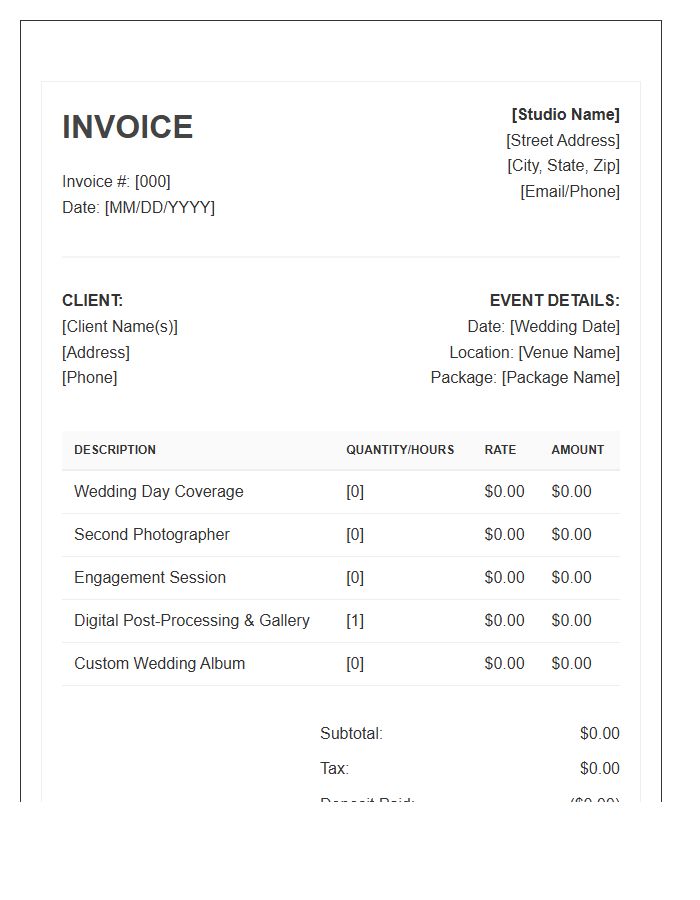 Wedding Photography Session Service Invoice Template