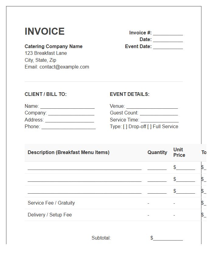 Breakfast Event Catering Invoice Template