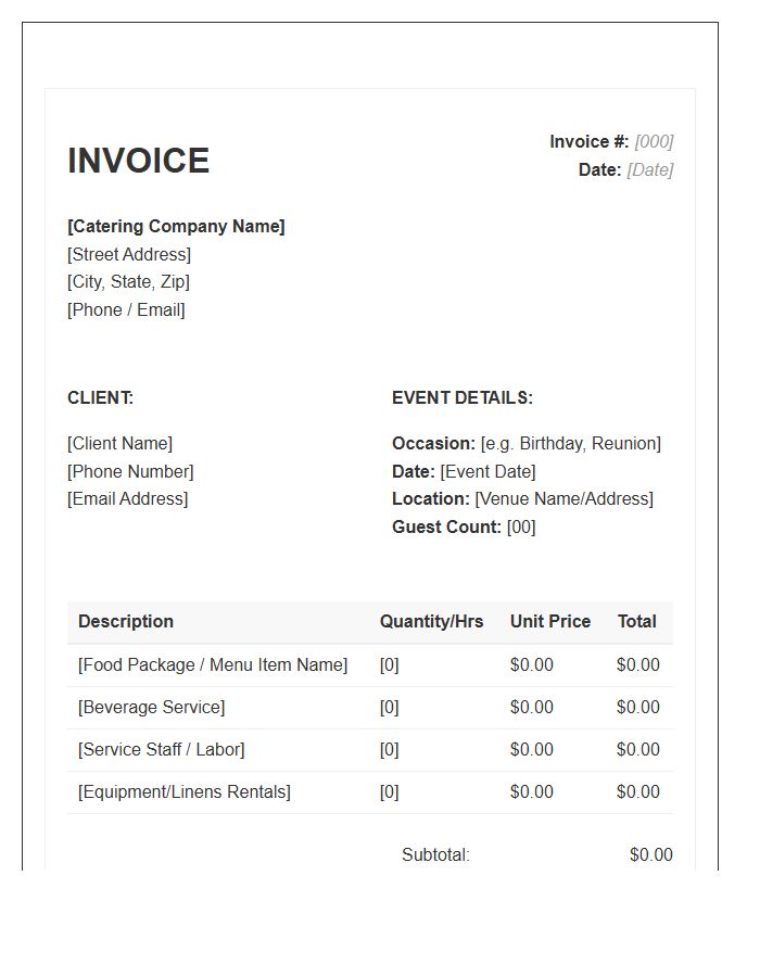 Social Gathering Catering Invoice Template