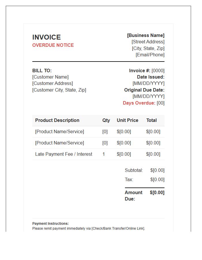Small Business Overdue Product Sale Invoice Template