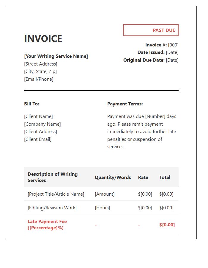 Writing Services Past Due Invoice Template