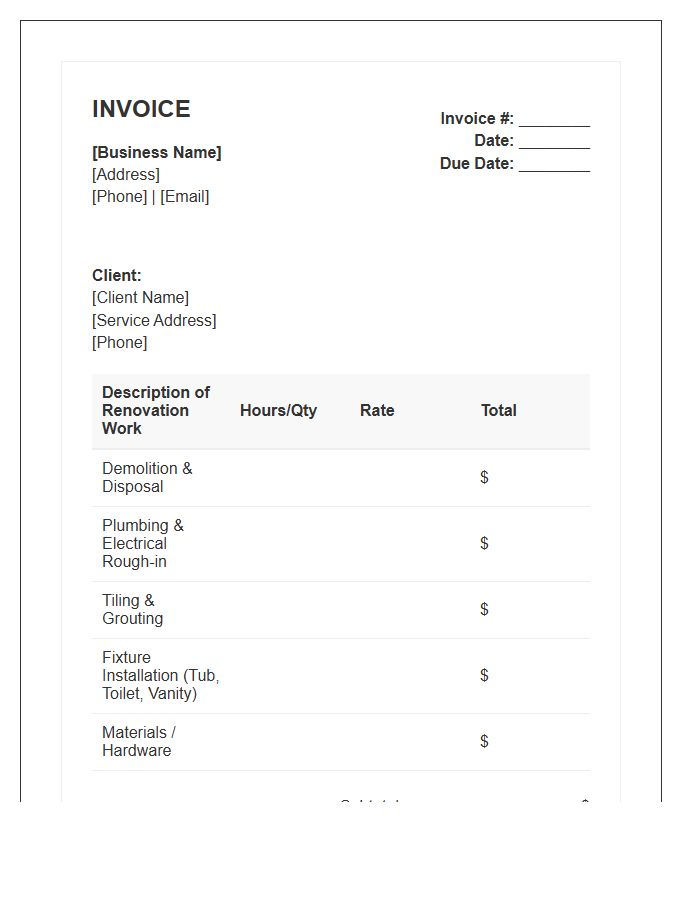 Bathroom Renovation Service Invoice Template
