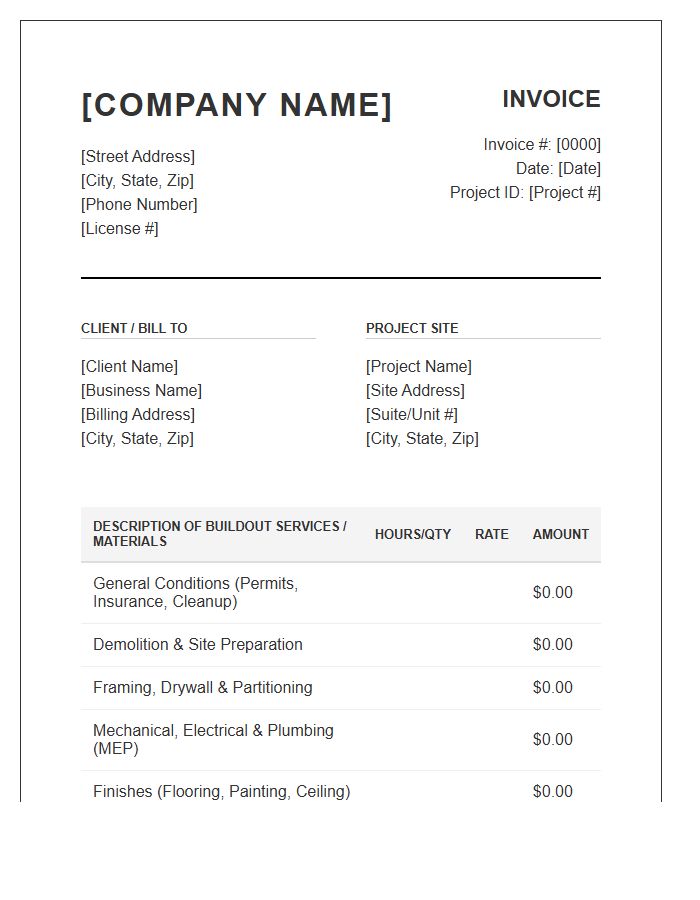 Commercial Interior Buildout Invoice Template