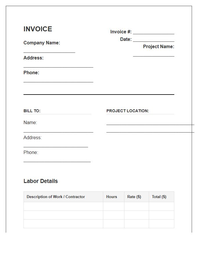 Construction Labor And Materials Invoice Template