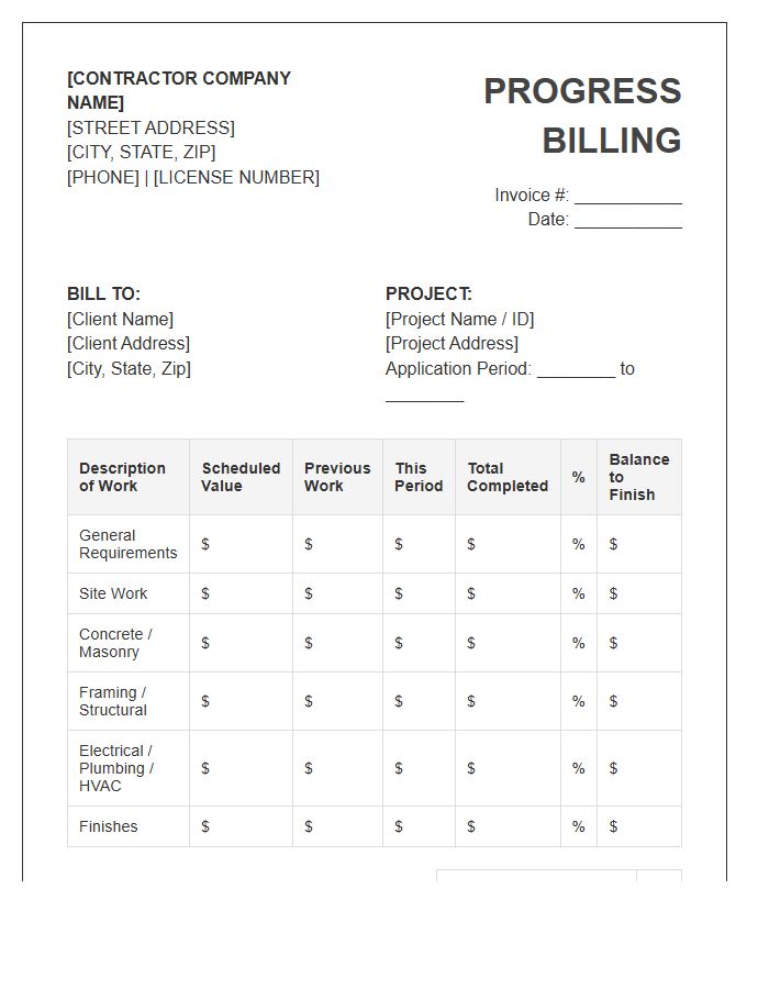 General Contractor Progress Billing Invoice Template