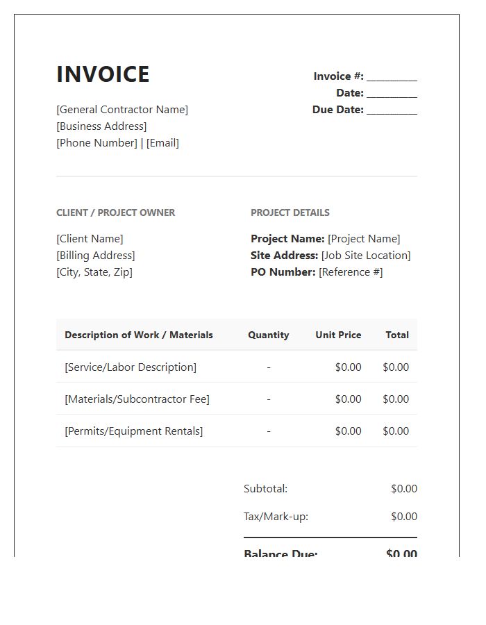 General Contractor Project Management Invoice Template