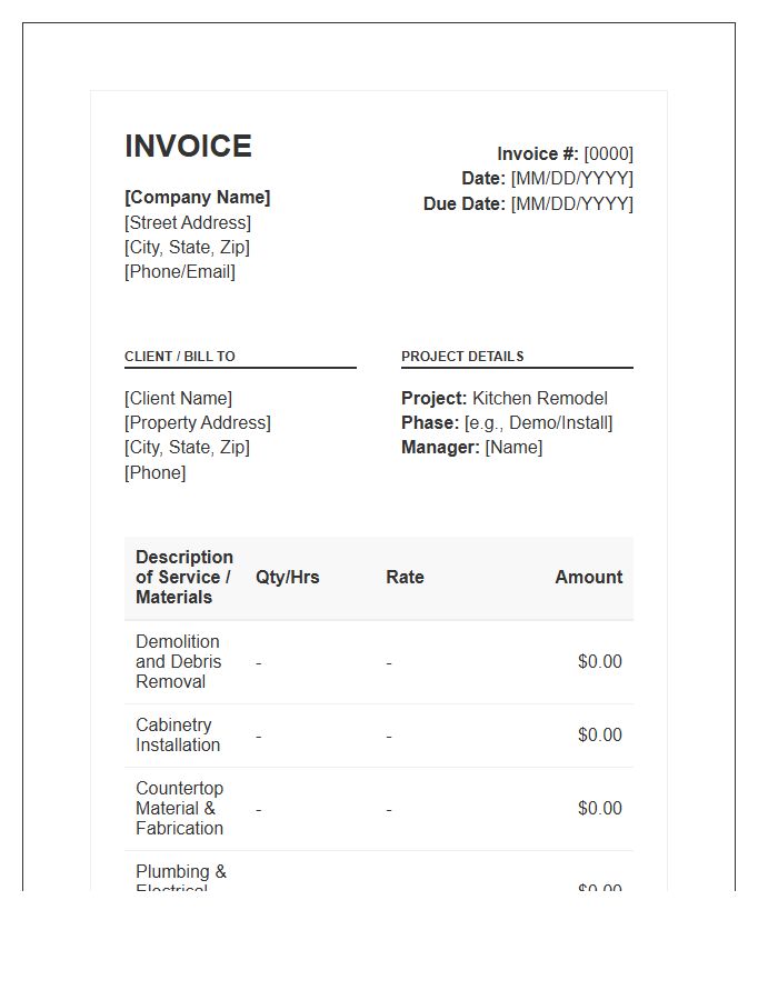 Kitchen Remodel Service Invoice Template