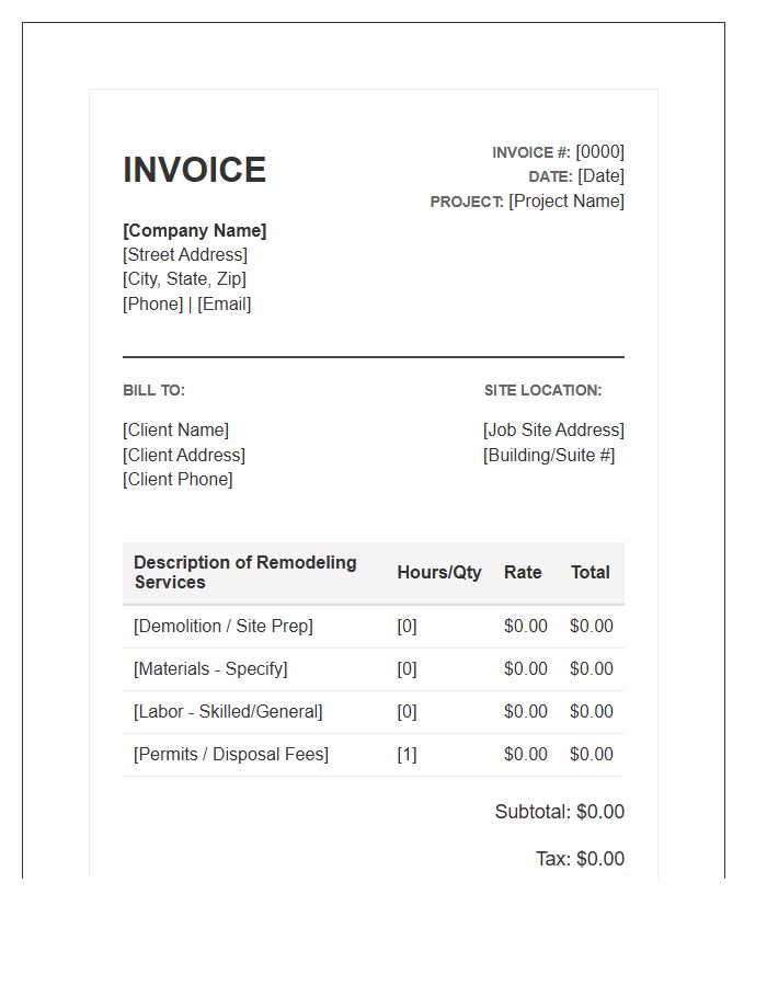 Remodeling Project Service Invoice Template