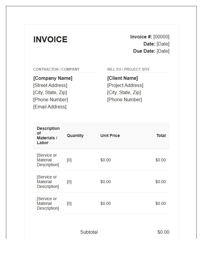 Residential Construction Service Invoice Template