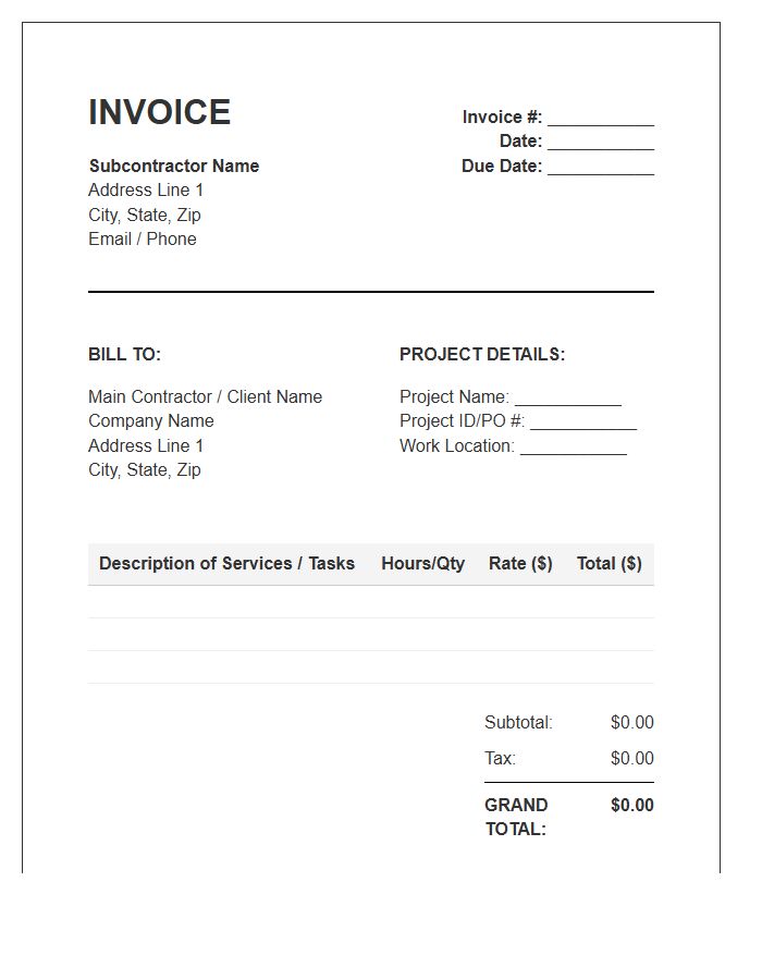 Subcontractor Service Invoice Template