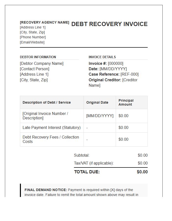 Commercial Debt Recovery Invoice Template