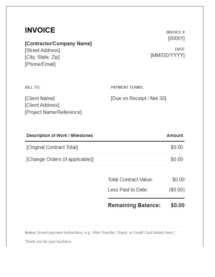 Contractor Remaining Balance Invoice Template