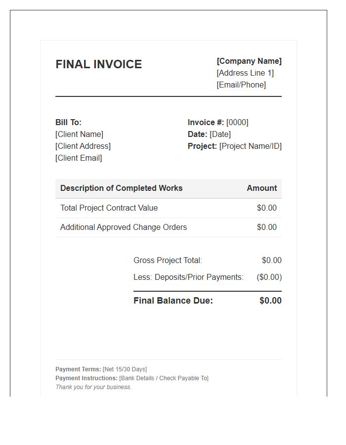 Project Completion Balance Invoice Template