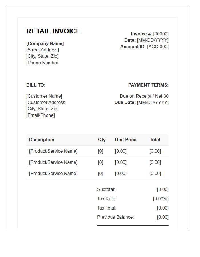 Retail Account Balance Invoice Template