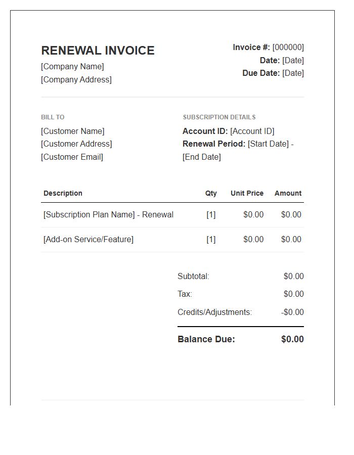 Subscription Renewal Balance Invoice Template