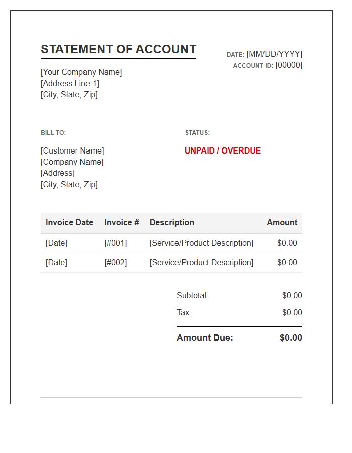 Unpaid Statement Of Account Invoice Template