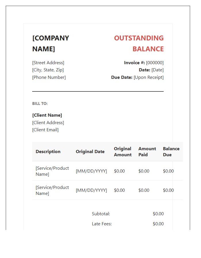 Professional Outstanding Balance Invoice Template