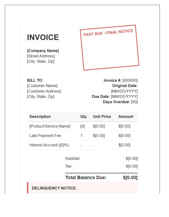 Standard Delinquent Account Invoice Template