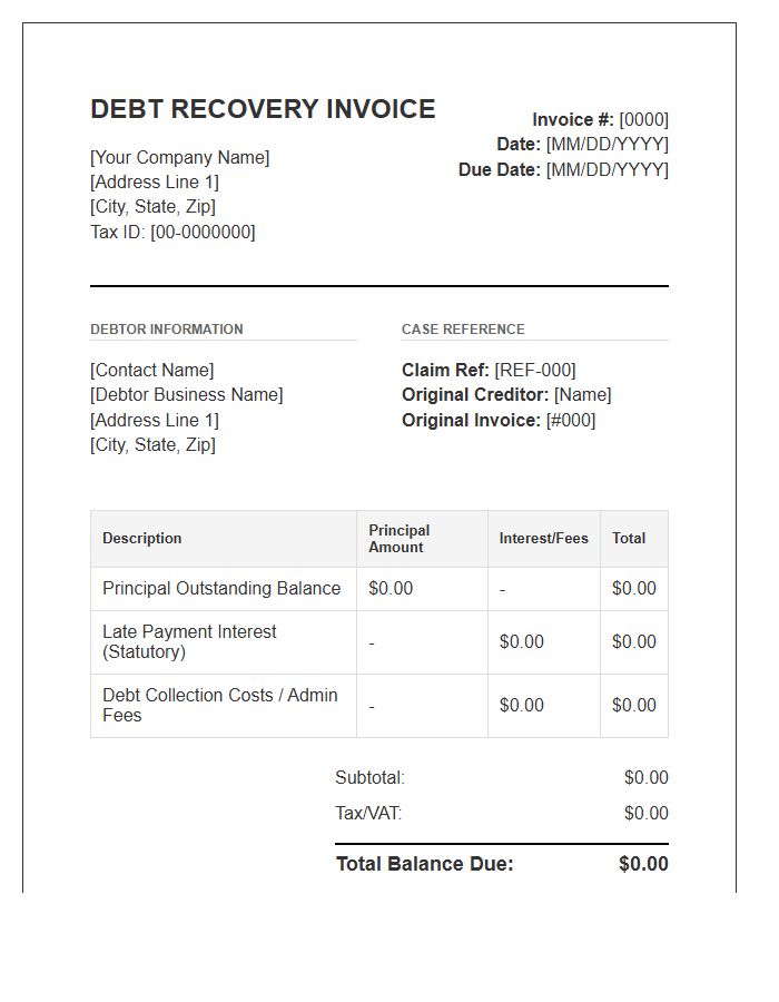 Commercial Debt Recovery Invoice Template