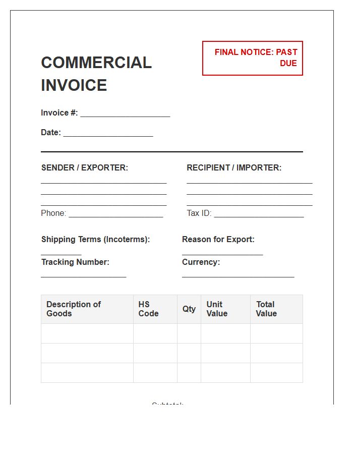 Final Notice Commercial Invoice Template