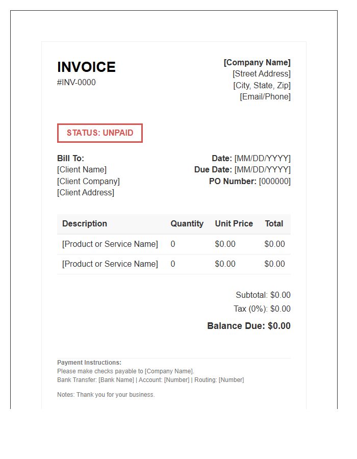 Unpaid Commercial Order Invoice Template